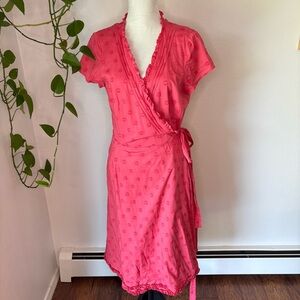 Boden Pink Polka Dot Textured Wrap Dress with Ruffle Trim Size 14R